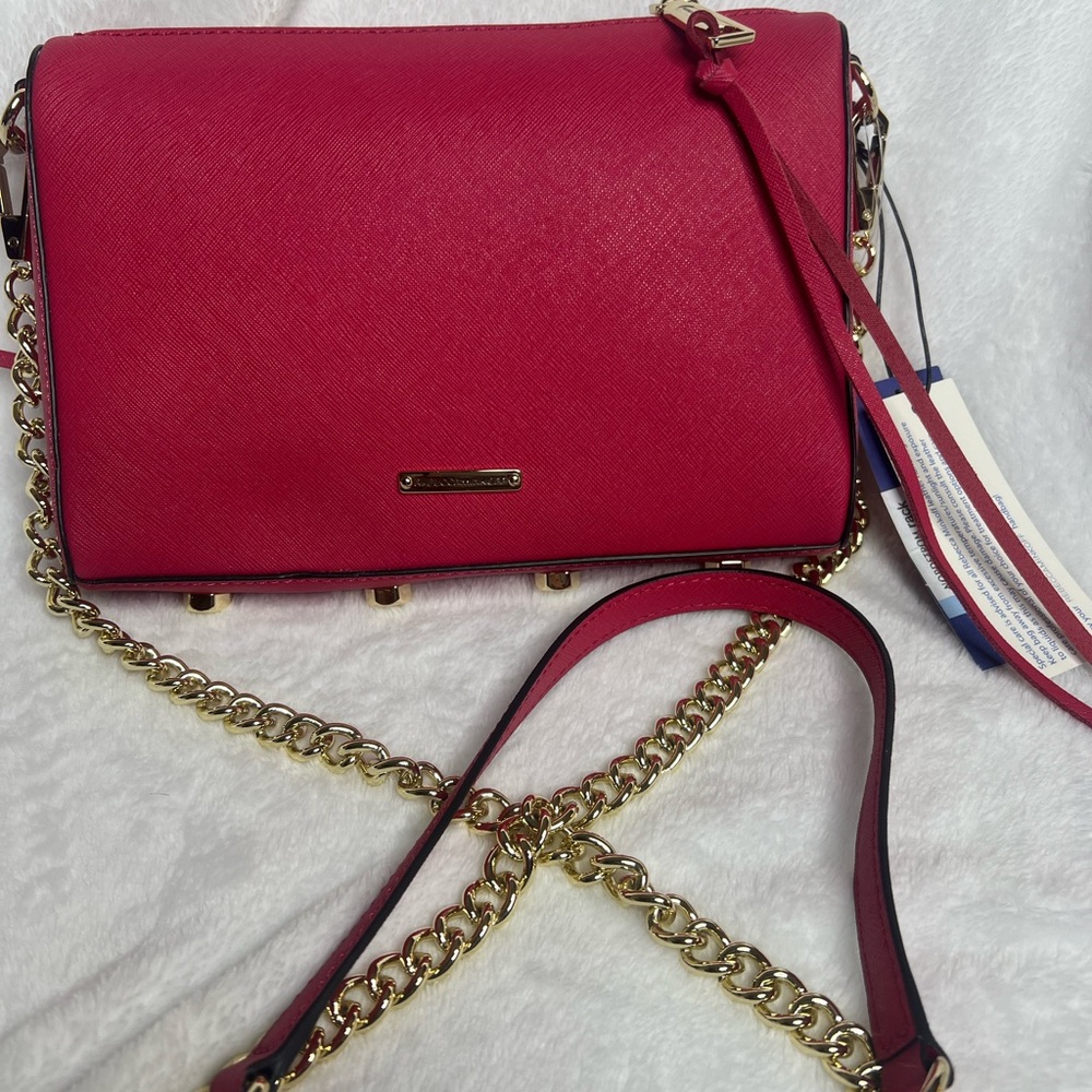 Rebecca Minkoff Avery Crossbody Bag Gold Chain Pink Zest Color.